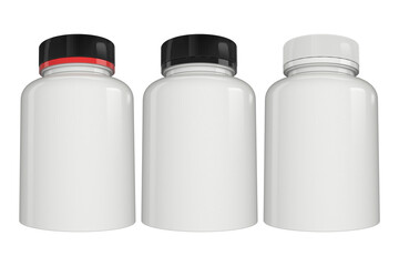 Supplement bottle mock-up with a black and white lid, 3d illustration