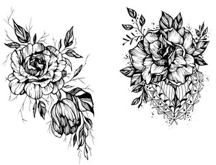 bouquet of roses and abstract elements, two black and white tattoo sketches 