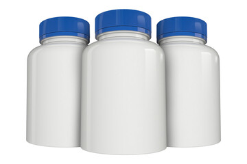 Supplement bottle mock-up with a blue lid, 3d illustration