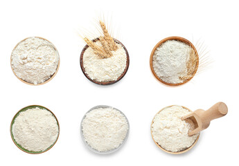 Bowls with flour on white background