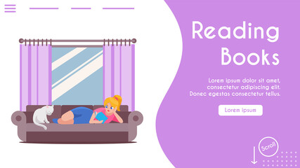 Vector banner illustration of young woman lying on sofa, reading book