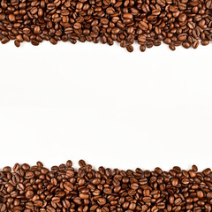 Roasted coffee beans isolated on white background. Border coffee bean decorated with blank copy space for your message.