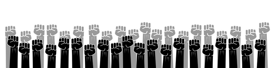 Obraz premium People raised fist air fighting for their rights , labor movement, election movement concept