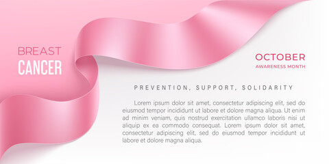 Breast cancer awareness month vector banner with photorealistic pink ribbon - obrazy, fototapety, plakaty