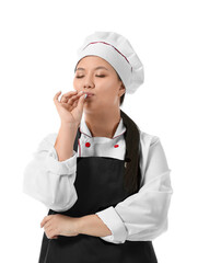 Beautiful Asian chef on white background