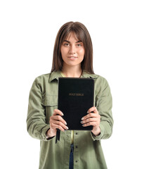 Young woman with Bible on white background