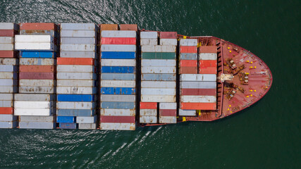 Container ship in import export global business worldwide logistic and transportation, Container ship unloading freight shipment, Aerial view container cargo boat freight ship