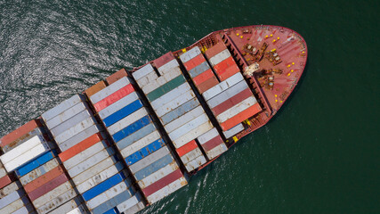 Fototapeta na wymiar Container ship in import export global business worldwide logistic and transportation, Container ship unloading freight shipment, Aerial view container cargo boat freight ship.