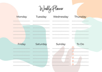 A4 Stylish weekly planner without a date with an abstract pattern- spots, lines. To-do list for every day of the week. Self-organization. Scheduler Template. Vector stock illustration - obrazy, fototapety, plakaty