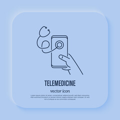 Telemedicine: hand holding smartphone with stethoscope on screen. Online consultation. Thin line icon. Non-contact diagnostics. Vector illustration.
