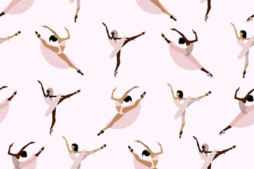 Seamless cute pattern with  African American and European ballet dancers ,young ballerinas in tutu and pointe shoes dancing individually on a white background. © AlexaSokol83