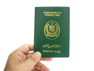 hand holding pakistani passport isolated
