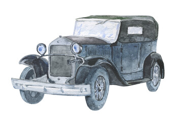 Watercolor illustration of a classic convertible car isolated on a white background. Ideas for printing on T-shirts, on postcards, on magnets, ideas for forming children's and souvenir products. © Andrei