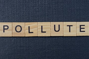  text on word pollute from gray wooden letters on a black background