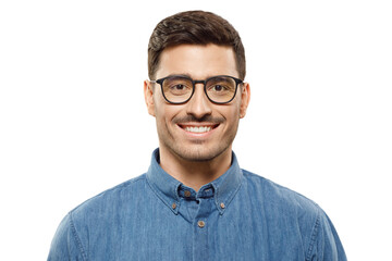 Portrait of young handsome businessman wearing denim blue shirt and glasses, feeling confident and...