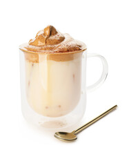 Glass cup of tasty dalgona coffee on white background
