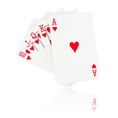 royal flush of hearts isolated on a white background