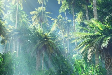 Fototapety  Dżungla nocą w promieniach księżyca we mgle, renderowanie 3D