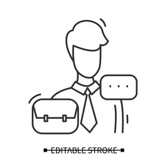 Lawyer icon. Male family law specialist with suitcase line pictogram. Concept of legal service and court child custody application support. Editable stroke vector illustration for web and law business