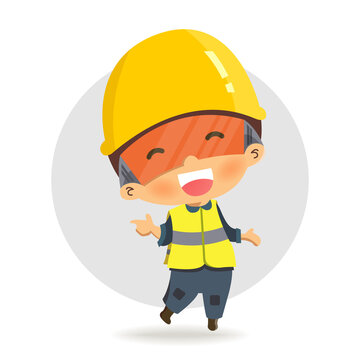 Character constructor worker in various situations. smiling and pointing.