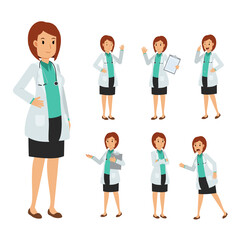 Fototapeta premium Vector Set of Female Doctor character. medical Illustration.