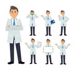 Vector Set of male Doctor character. medical Illustration.