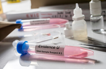  Hematological analysis with forensic test kit in a murder in a crime lab, conceptual image