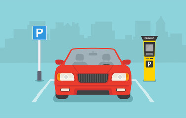 Fototapeta na wymiar Flat vector illustration of Parking zone with payment system. Red car front view.