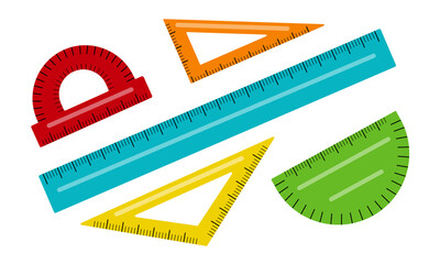 Vector illustration of rulers set isolated on white background. Stationery for drawing. School related math or geometry item. Back to school theme element