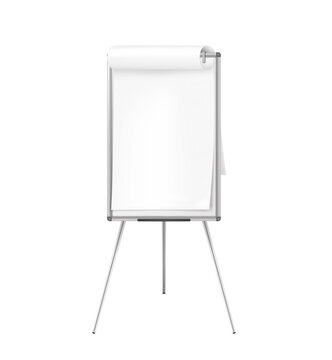 Flipchart whiteboard easel with blank paper sheet, vector mock-up. Tripod flip chart pad white board, realistic mockup