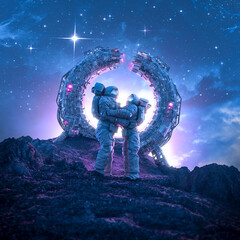 Final farewell beyond the stars / 3D illustration of male and female astronaut couple silhouetted embracing on alien planet by broken teleportation portal © grandeduc