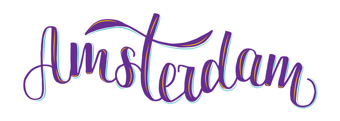 Vector illustration of word Amsterdam with font decor for souvenir products, icon or emblem, screensaver for site, article and advertising. Hand drawn lettering. City logotype.