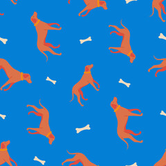 Simple background with cute family dog. Seamless pattern with funny cartoon style icon of rhodesian ridgeback. 