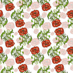 red orange poppies pattern white background