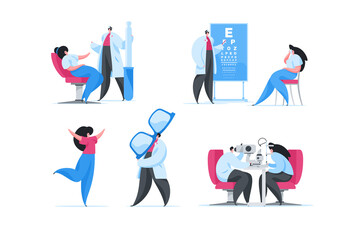 Visit in modern ophthalmology clinic. Set of flat vector illustrations
