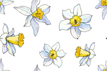 Seamless white daffodil heads floral pattern. Hand drawn narcissus endless background. Spring easter backdrop. For greeting cards, invitations, decorations, floral prints, floristic design, wallpaper.