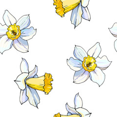 Seamless white daffodil heads floral pattern. Hand drawn narcissus endless background. Spring easter backdrop. For greeting cards, invitations, decorations, floral prints, floristic design, wallpaper. - 357412383