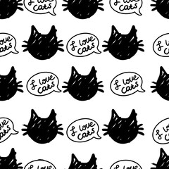 cat vector seamless in black and white colors.Wallpaper background with cartoon kitty muzzles.