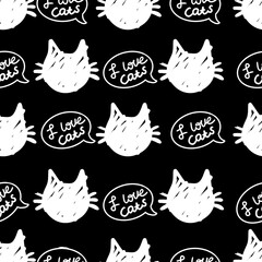 cat vector seamless in black and white colors.Wallpaper background with cartoon kitty muzzles.