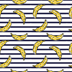 Vector graphic bananas pattern on striped background.