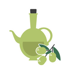 Olive oil bottle icon vector illustration with  olive branch. Flat design style