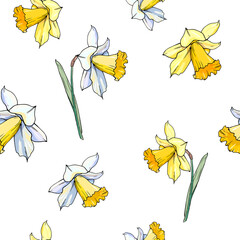Seamless  pattern from yellow and white daffodil. Hand drawn narcissus background. Spring easter backdrop. For greeting cards, invitations, decorations, floral prints, floristic design, wallpaper. - 357412752