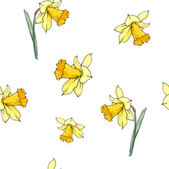 Yellow daffodil seamless floral pattern. Narcissus hand drawn endless background. Spring easter backdrop. For greeting cards, invitations, decorations, floral prints, floristic design, wallpaper. - 357412755