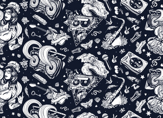 Naklejka premium Retro music seamless pattern. Funny pop culture musical background. Hip hop girl, swag woman. Tyrannosaur, dj vinyl, boom box, rock guitar, saxophone. Hip hop, street lifestyle. Old school tattoo art