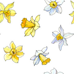 Yellow and white daffodil seamless floral pattern. Hand drawn narcissus background. Spring easter backdrop. For greeting cards, invitations, decorations, floral prints, floristic design, wallpaper. - 357412795