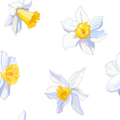 Seamless pattern from white daffodil flower heads. Hand drawn narcissus background. Spring easter backdrop. For greeting cards, invitations, decorations, floral prints, floristic design, wallpaper. - 357412901