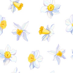 Seamless white daffodil flower heads pattern. Hand drawn narcissus endless background. Spring easter backdrop. For greeting cards, invitations, decorations, floral prints, floristic design, wallpaper.