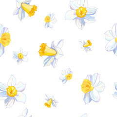 Seamless pattern from white daffodil flower heads. Hand drawn narcissus endless background. Spring easter backdrop. For greeting cards, invitations, decorations, floral prints, design, wallpaper.
