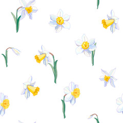 Seamless white daffodil hand drawn floral pattern. Narcissus endless background. Spring easter backdrop. For greeting cards, invitations, decorations, floral prints, floristic design, wallpaper. - 357412960