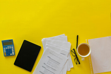 view from above on minimalist desk table win office, work place with copy space design